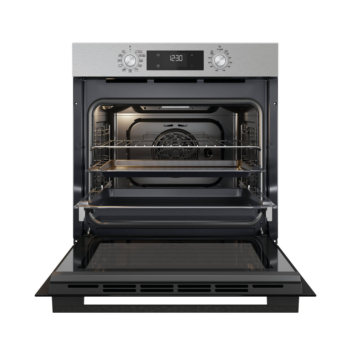 Whirlpool W4OMK581HU1XAUS stainless steel 60cm oven front view with door open