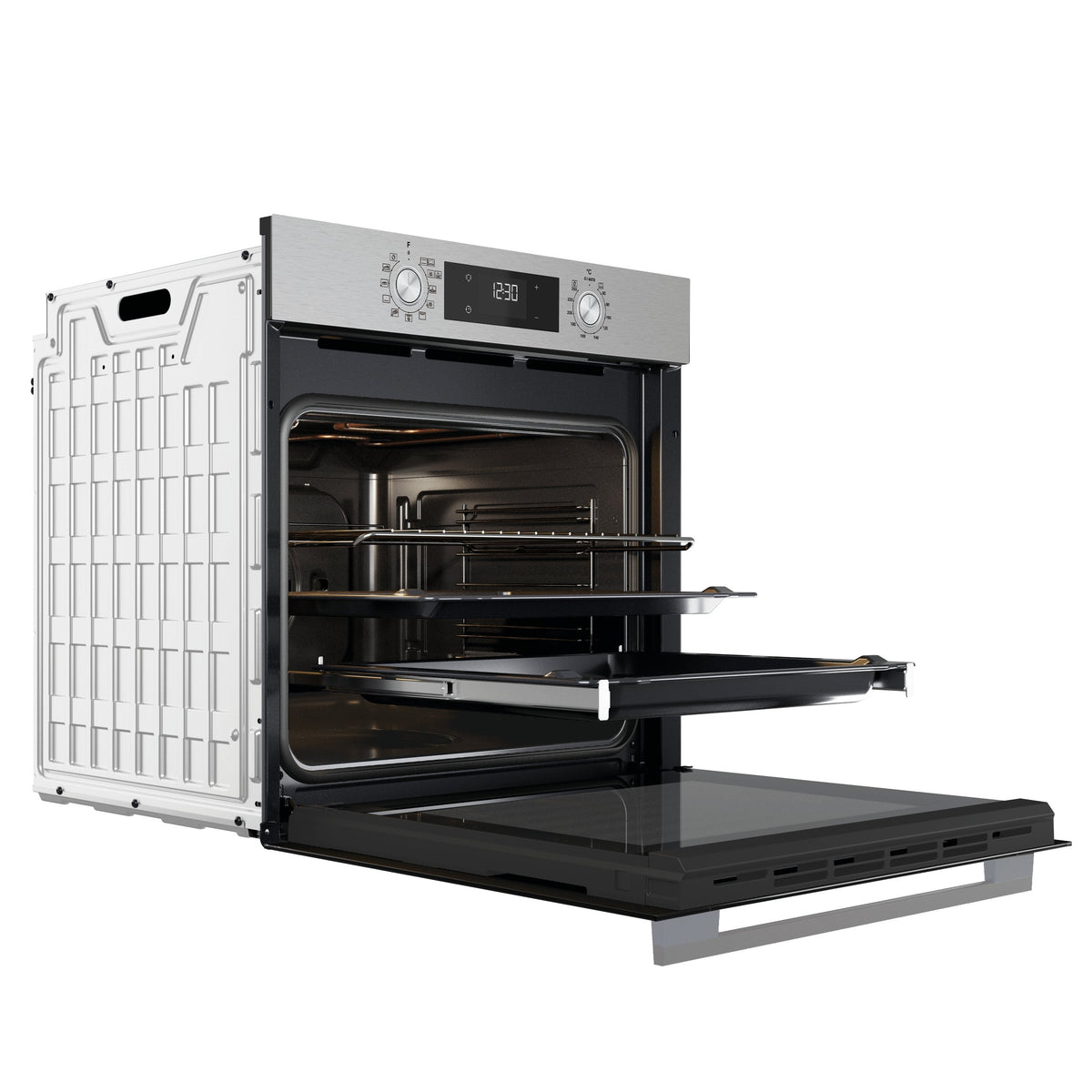 Whirlpool W4OMK581HU1XAUS stainless steel 60cm oven angled view with door open