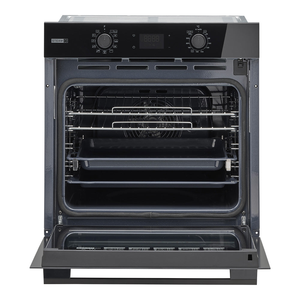 Whirlpool W4OMSK581RU1SBA black steam oven front view with door open