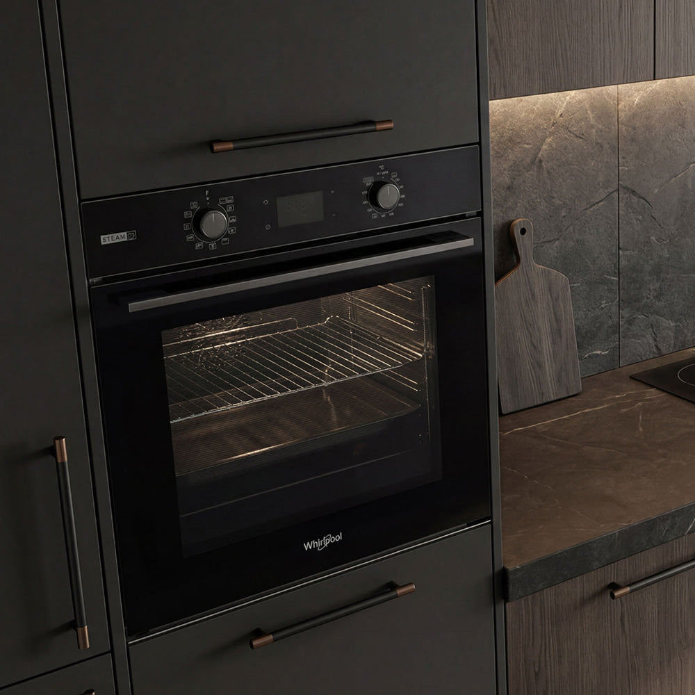 Whirlpool W4OMSK581RU1SBA black steam oven lifestyle image