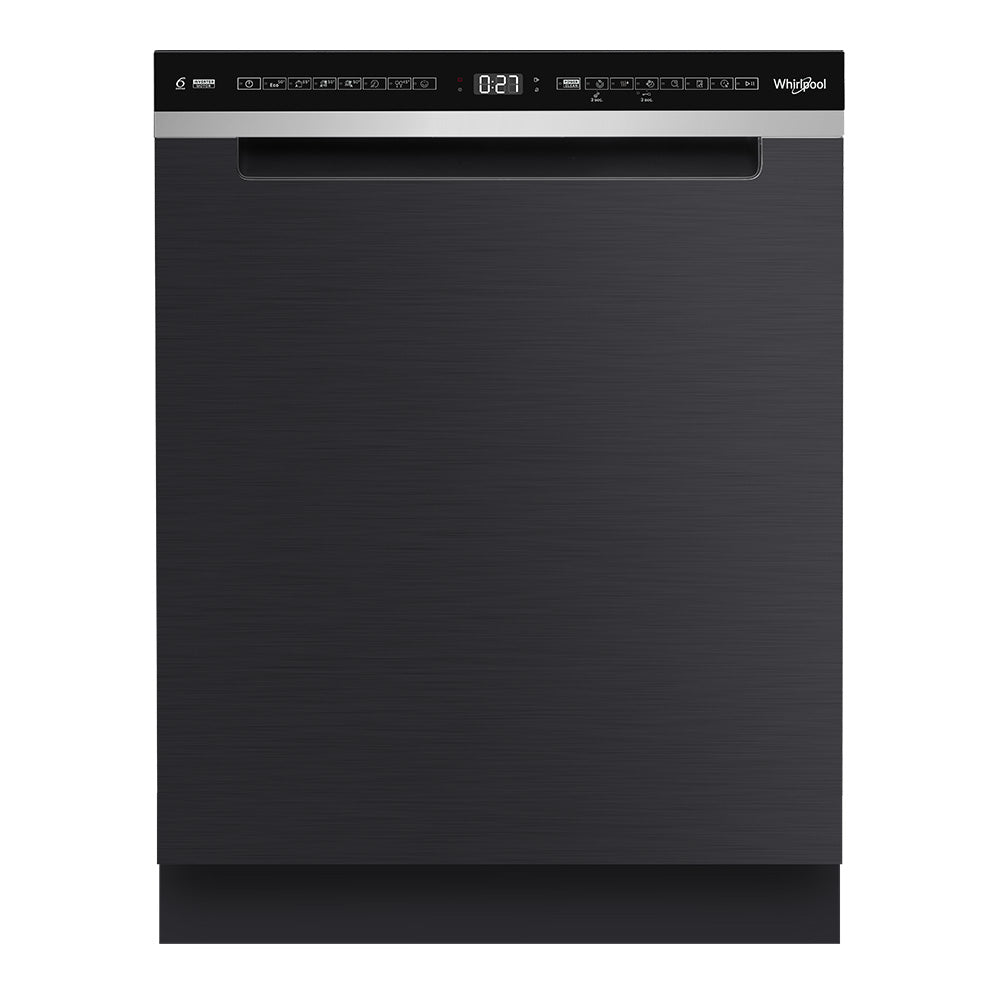 Whirlpool WDBU3I4PBSAU 60cm 14 place setting built-under dishwasher in black - front view