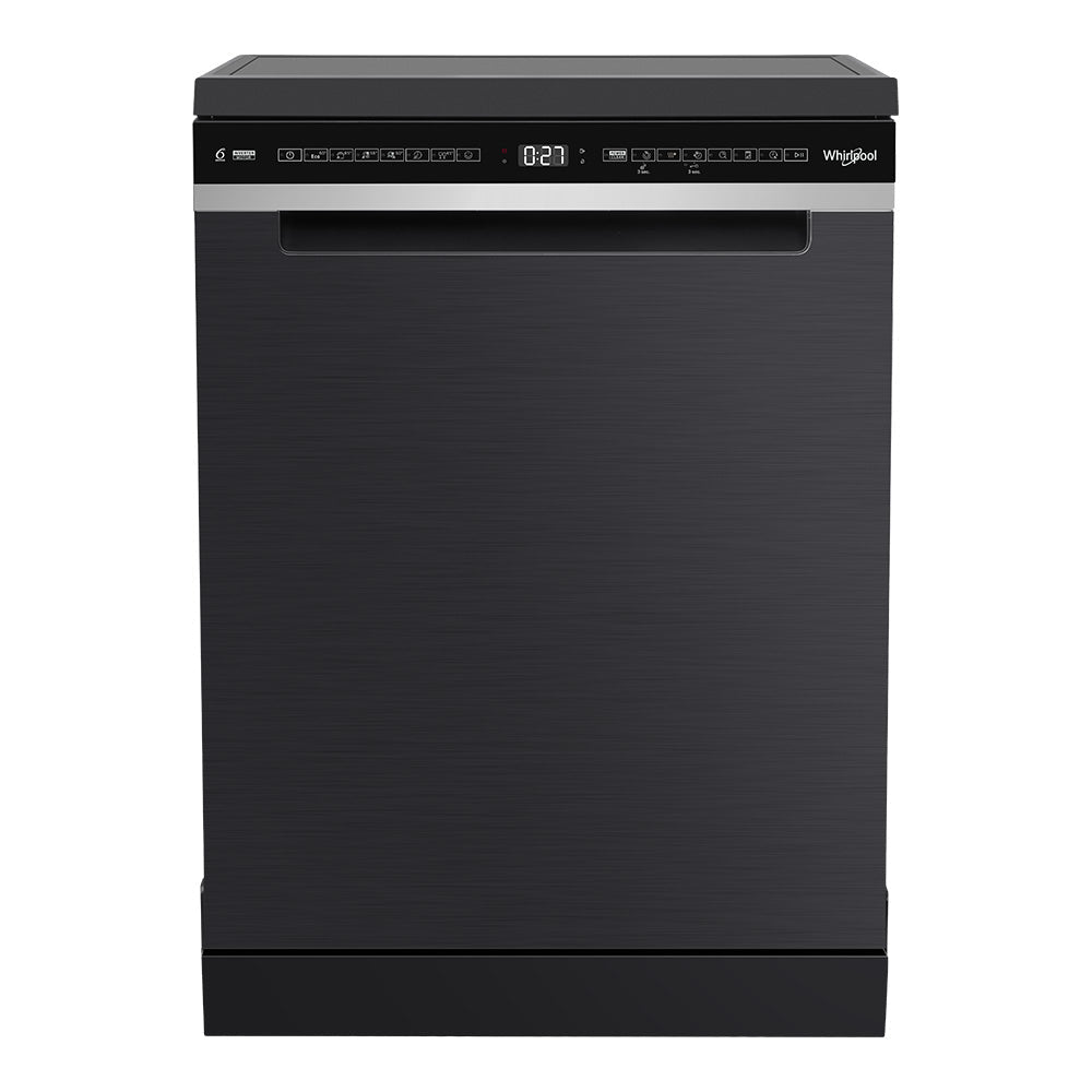 Whirlpool WDFS3I4PBSAU 60cm 14 place setting freestanding dishwasher in black - front view