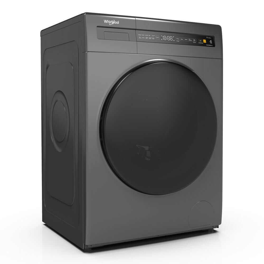 Whirlpool FWEB9002IG 9kg front load washing machine in Dark Grey, angled view