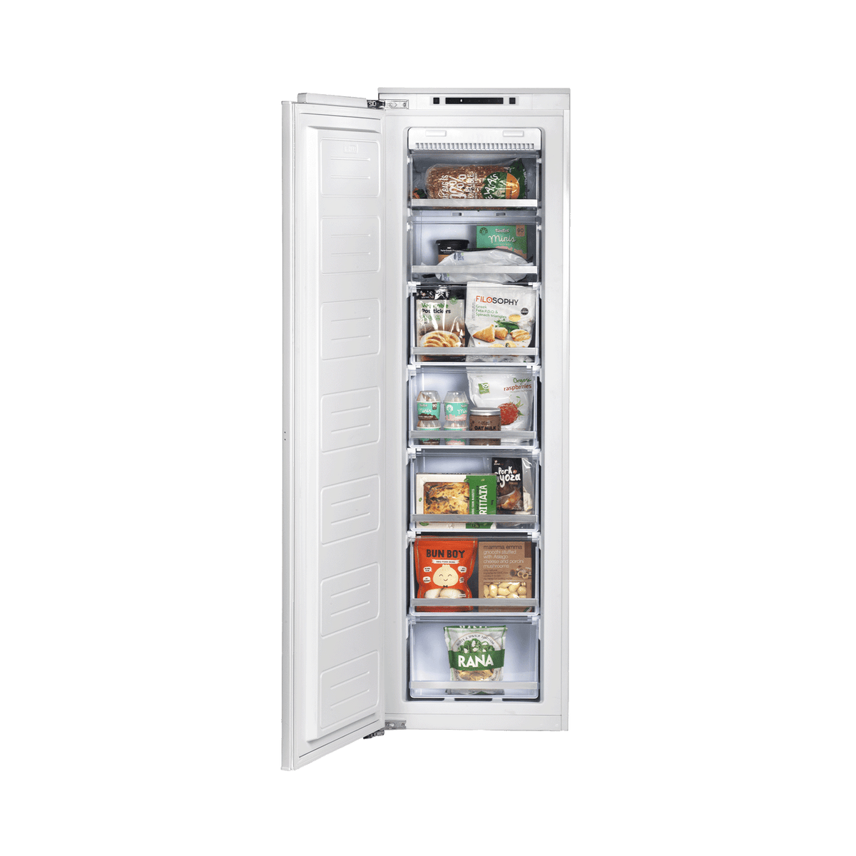 Artusi AINT4100 freezer with the door open and the drawers filled with food