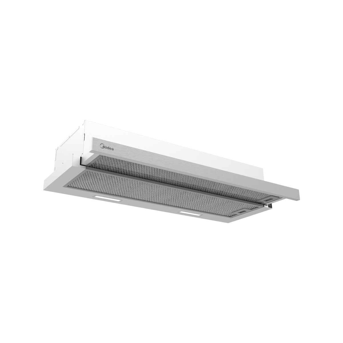 Midea 90L03 90cm slide out rangehood with the front panel extended, showing the mesh filter