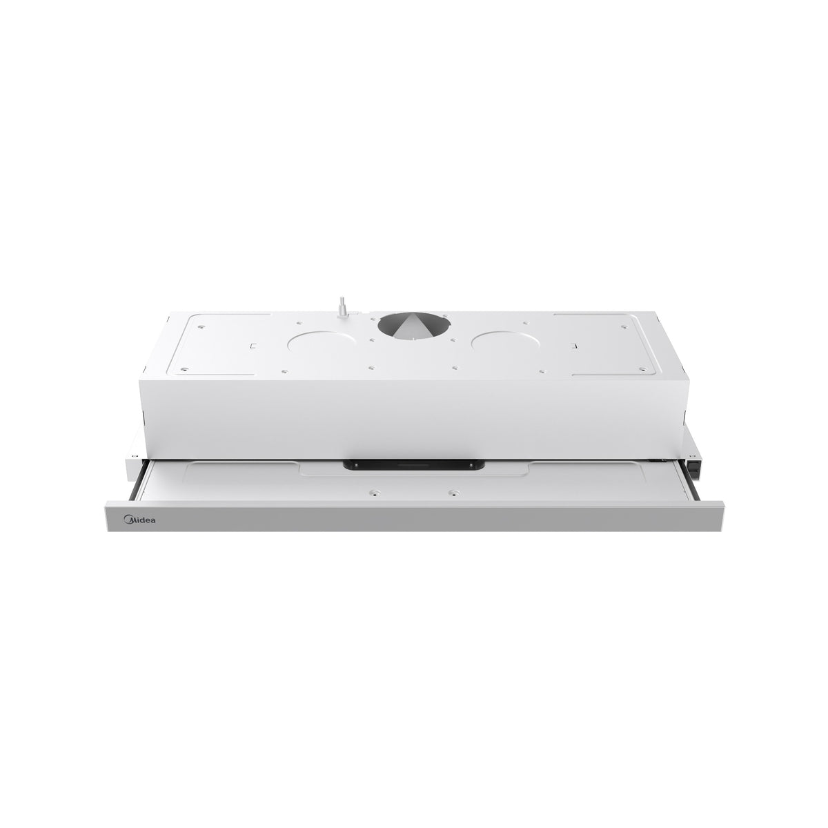 Midea 90L03 90cm slide out rangehood top view showing the duct outlet and extended front panel