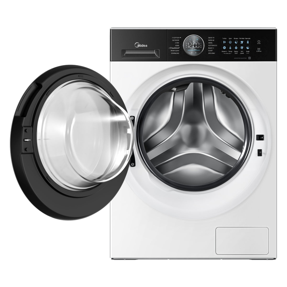 Midea MF210 10kg White Front Load Washing Machine side angle