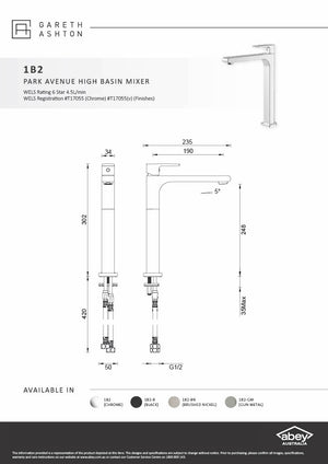 Gareth Ashton 1B2-GM Park Avenue Gun Metal High Basin Mixer