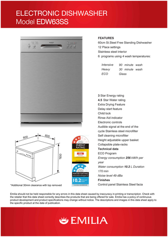 Emilia EDW63SS 60cm Stainless Steel Electronic Freestanding Dishwasher