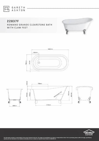 Gareth Ashton 22837F 750mm Romano Grande Clearstone Bath with Chrome Claw Feet