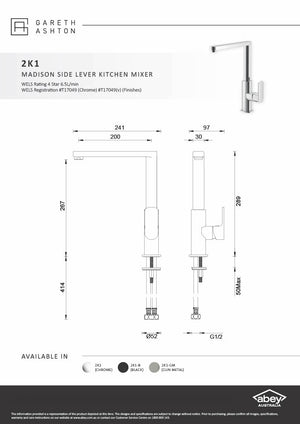 Gareth Ashton 2K1-GM Madison Gun Metal Side Lever Kitchen Mixer