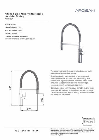 Arcisan AR01264 Kitchen Sink Mixer With Nozzle On Metal Spring