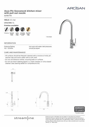 Arcisan AX16770 Axus Pin Gooseneck Kitchen Mixer With Pull Out Nozzle