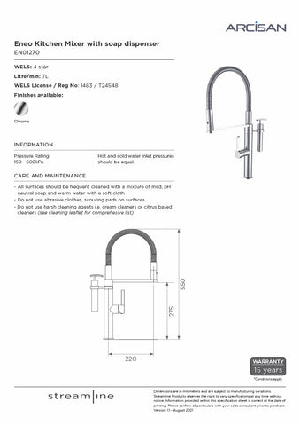 Arcisan EN01270 Eneo Chrome Sink Mixer With 2-Jet Nozzle On Metal Spring & Soap Dispenser