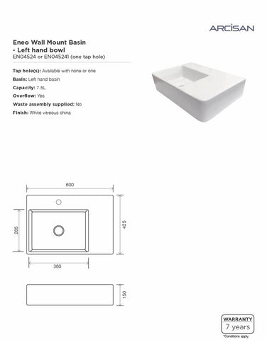 Arcisan EN04524 Eneo 600mm Wall Hung Basin - Left Hand Bowl