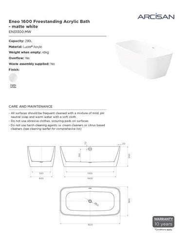 Arcisan EN31300.MW Eneo 1600mm Wide Acrylic Freestanding Bath - Matte White