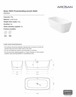 Arcisan EN31300 Eneo 1600mm Wide Acrylic Freestanding Bath