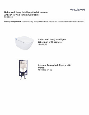 Arcisan NE041305 Neion Wall Hung Intelligent Toilet with Remote & Concealed Cistern with Frame