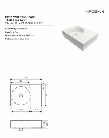 Arcisan PZ04524 Plaza 600mm Wide Wall Hung Basin - Left Hand Bowl