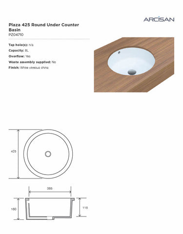Arcisan PZ04710 Plaza 425mm Wide Round Under Counter Basin