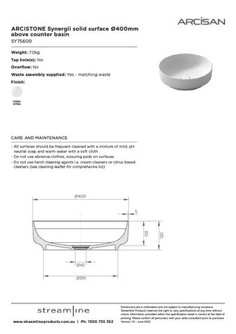 Arcisan SY75600 Arcistone Synergii Solid Surface Ø400mm Above Counter Basin