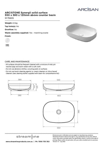 Arcisan SY75605 Arcistone Synergii Solid Ssurface 550mm Above Counter Basin