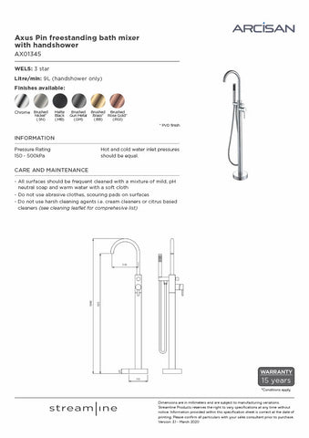 Arcisan AX01345 Axus Pin Lever Freestanding Bath Mixer With Handshower