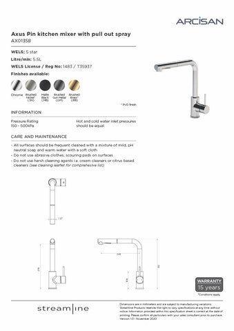 Acrisan AX01358 Axus Pin Sink Mixer With Pull-out Spray