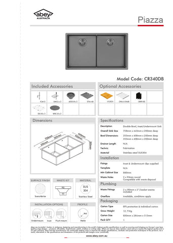 Abey CR340DB Piazza Black Pearl Double Square Bowl