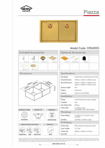 Abey CR340DG Piazza Eureka Gold Double Square Bowl Sink