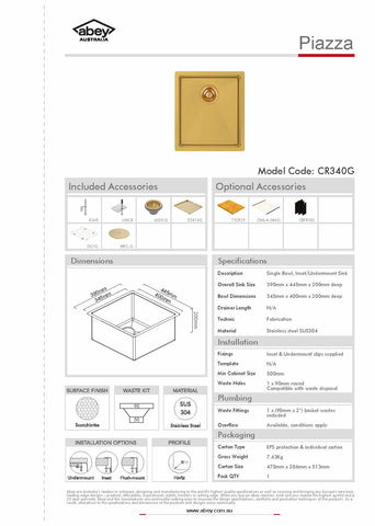 Abey CR340G Piazza Eureka Gold Square Bowl Sink