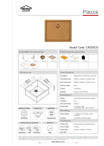 Abey CR500CO Piazza Artisan Copper Single Bowl Sink