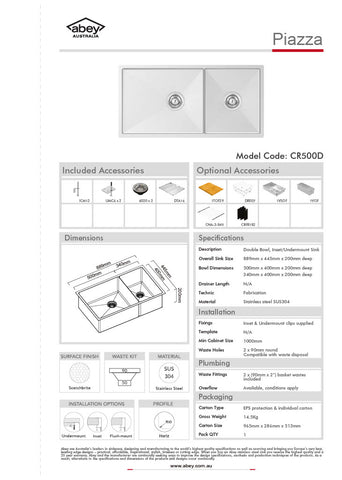 Abey CR500D Piazza 888mm One & 3/4 Square Bowl