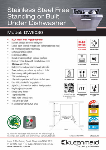 Kleenmaid DW6030 60cm Built-under / Freestanding Stainless Steel Dishwasher