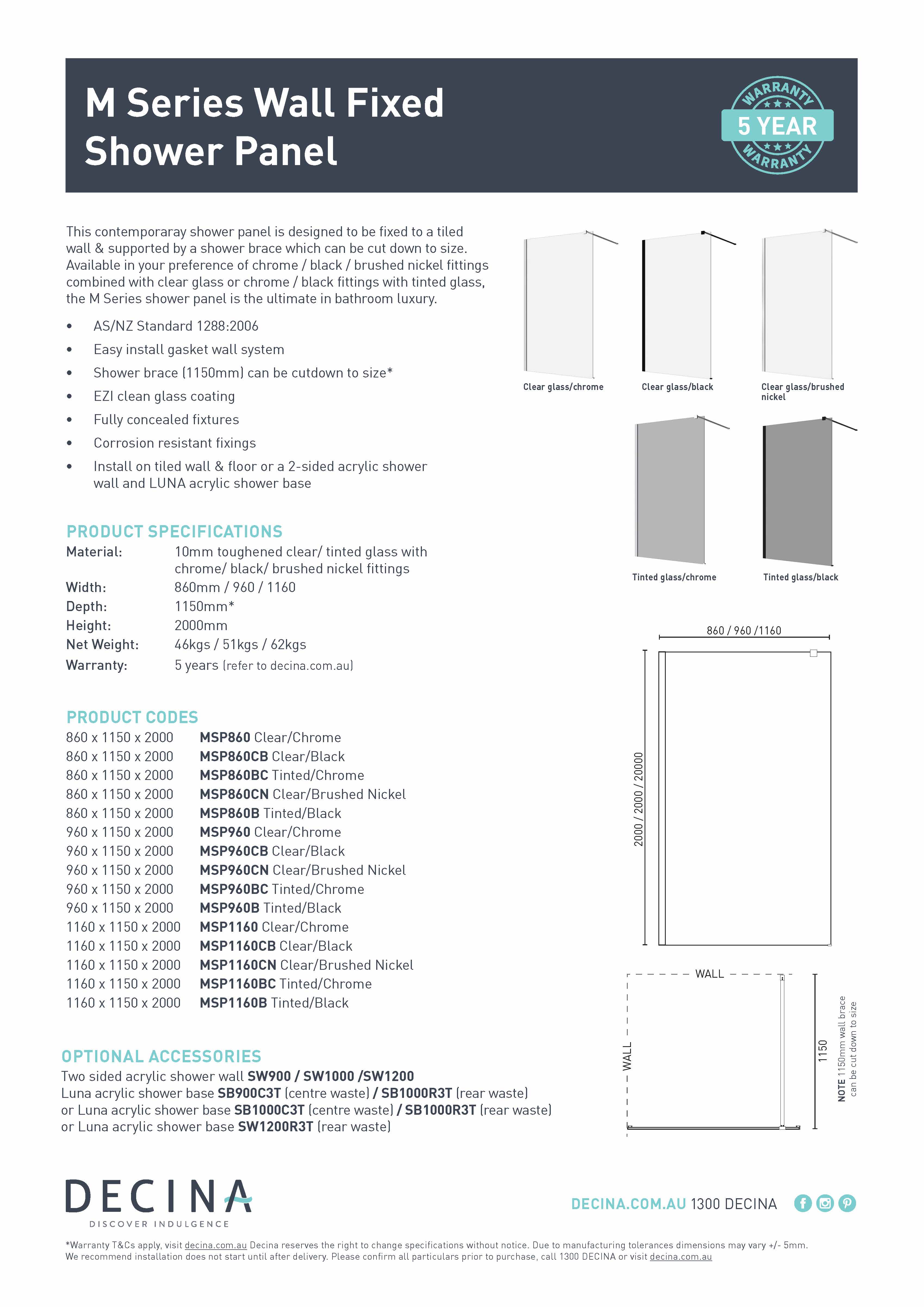 Decina M-Series 860 / 960 / 1160mm Wall Fixed Panel - Clear Glass / Br ...