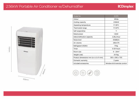 Dimplex DCP9 2.56kW Portable Air Conditioner with Dehumidifier