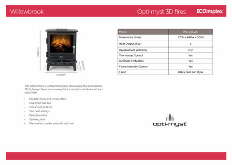 Dimplex WLL20-AU Willowbrook 2kW Opti-myst Portable Electric Stove