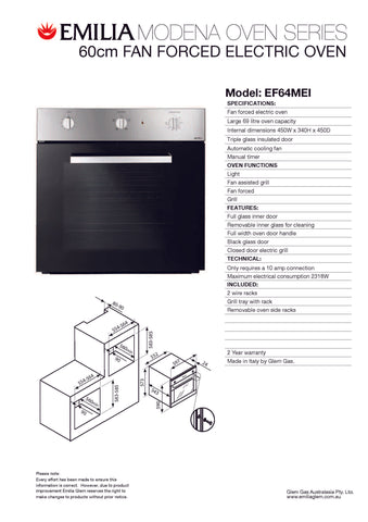 Emilia EF64MEI 60cm Stainless Steel Fan Forced Electric Oven