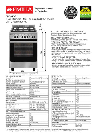 Emilia EM534GG 53cm Stainless Steel Cooker with Fan Assisted Gas Oven