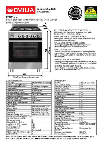Emilia EM664GG 60cm Stainless Steel Cooker with Fan Assisted Gas Oven