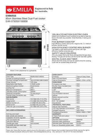 Emilia EM865GE 80cm Stainless Steel Dual Fuel Cooker with Electric Oven