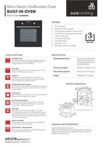 Euro Appliances EO60M8SX 60cm Electric Multifunction Oven