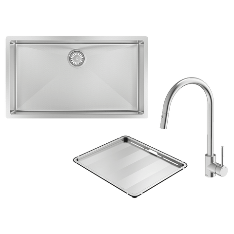 Abey FRA700T15 Alfresco 700 Large Bowl Sink with Drain Tray & KTA037-316-BR Kitchen Mixer