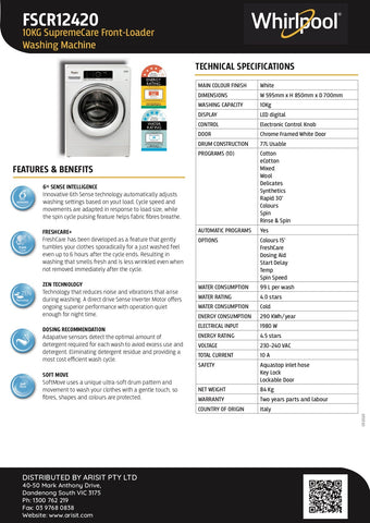 sløjfe Nødvendig Stereotype Whirlpool FSCR12420 10Kg 6th Sense Zen Direct Drive Front Loader Washing  Machine | 8Appliances
