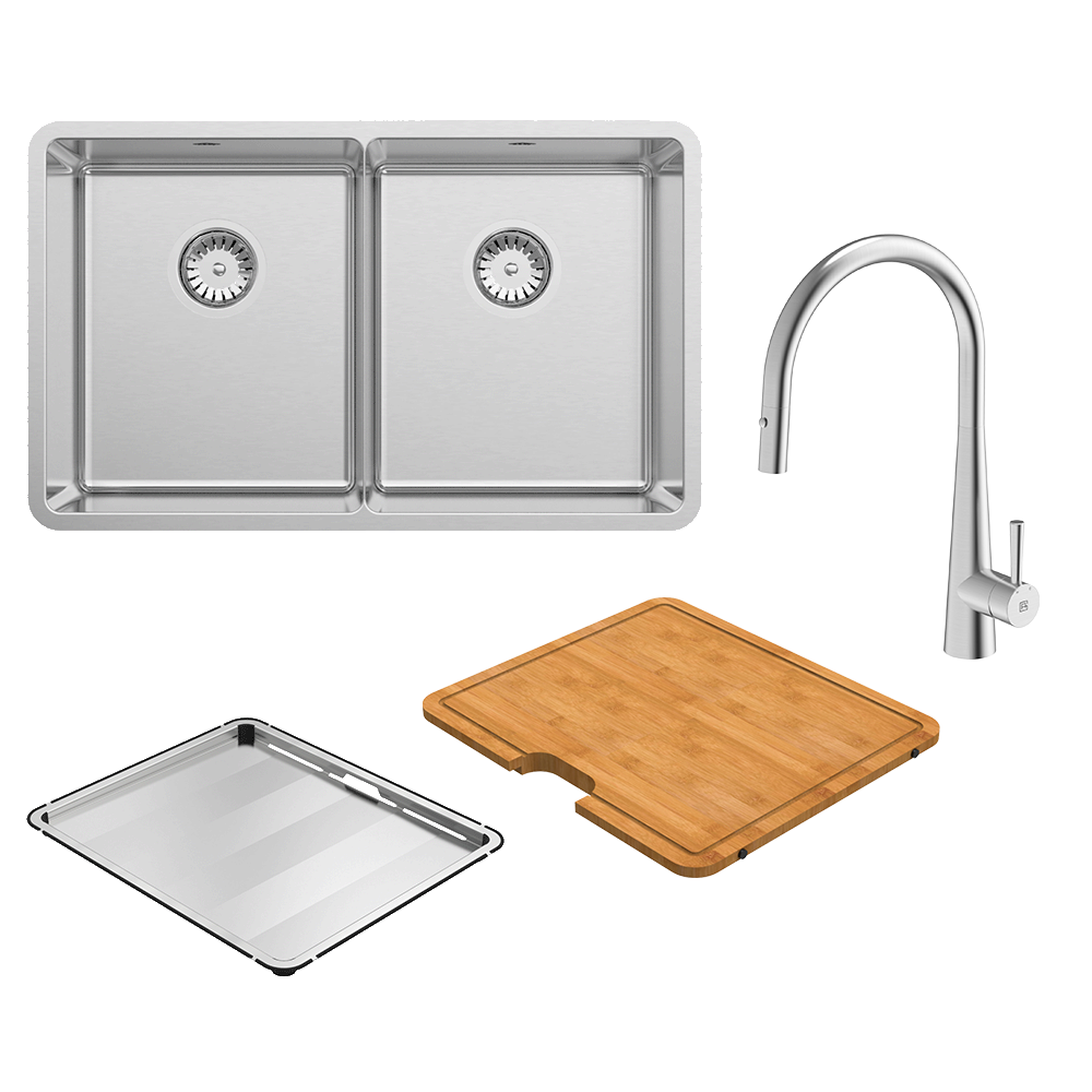 Abey LUA200T14 Lucia Double Bowl with KTA014-BR Kitchen Mixer, Drain Tray & Cutting Board