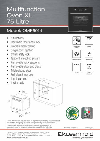 Kleenmaid OMF6014 60cm Multifunction Oven