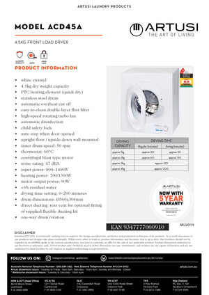 Artusi ACD45A 4.5Kg Front Loader Dryer