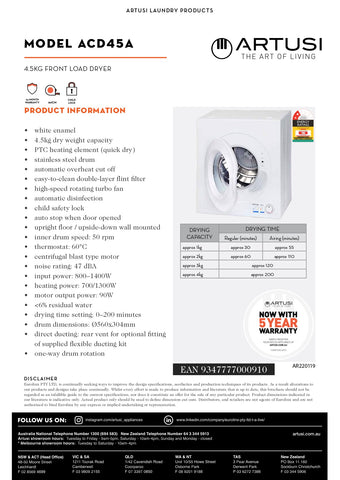 Artusi ACD45A 4.5Kg Front Loader Dryer