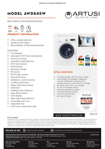 Artusi AWD845W Front Loader Washer & Dryer