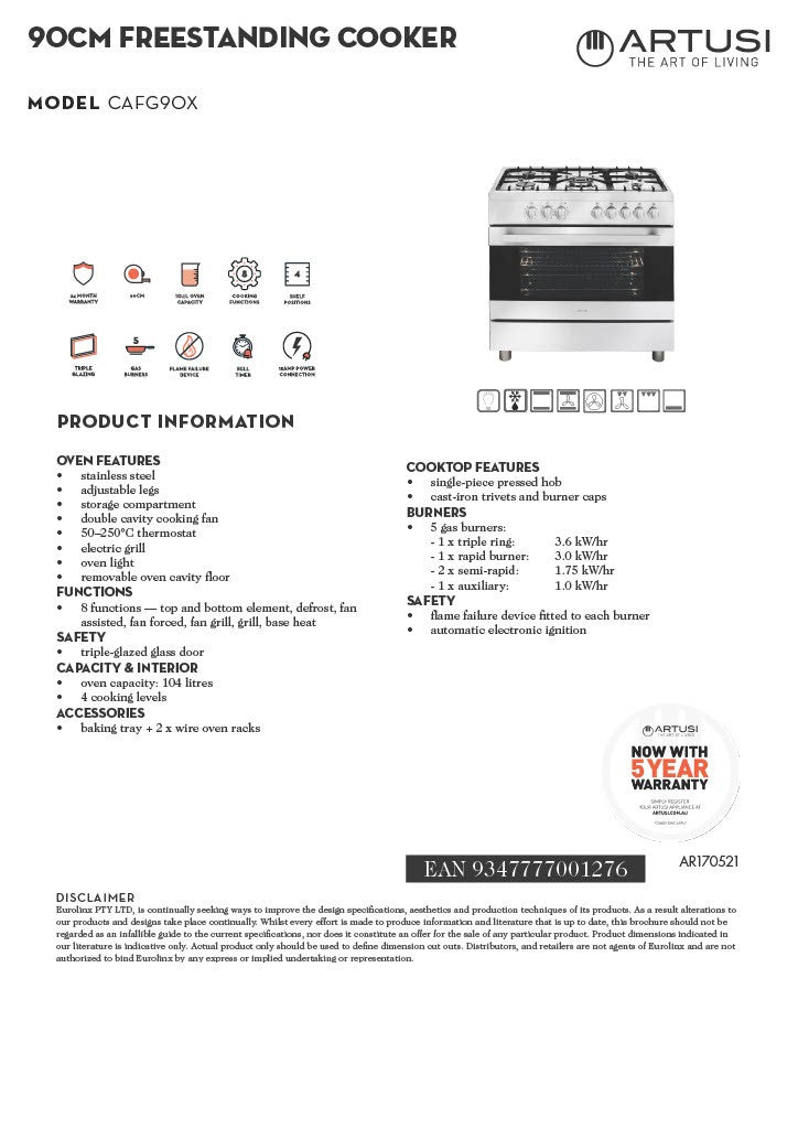 Artusi CAFG90X 90cm Freestanding Cooker With Gas Hob 8Appliances